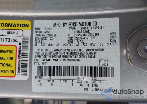 2021 Ford Bronco Sport z USA, uszkodzony, nr VIN 3FMCR9A66MRB00616